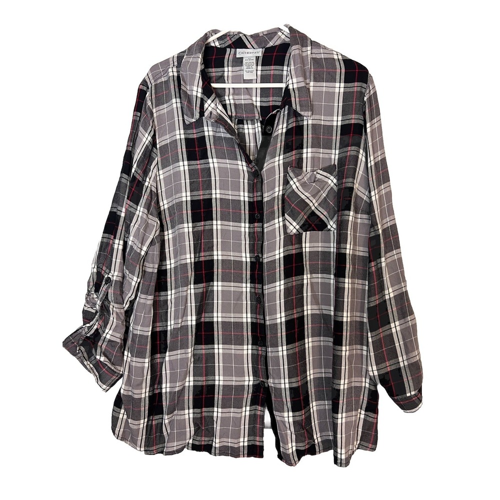 Catherine's women's size 2X Red Gray Long‎ Slv Casual Button Up